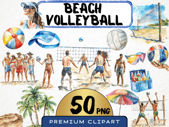 Beach Volleyball Watercolor Clipart for Creative Projects