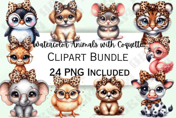 Cute Watercolor Coquette Animals Clipart