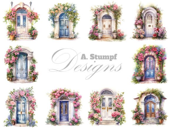 Floral Front Door Watercolor Clipart Set