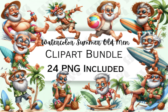 Funny Watercolor Summer Old Men Clipart