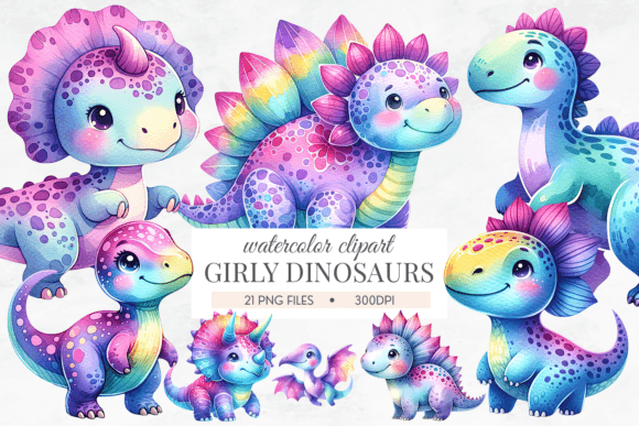 Girly Dinosaur Watercolor Clipart Bundle for Modern Creatives