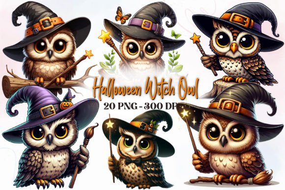 Halloween Witch Owl Watercolor Clipart for Creative Projects