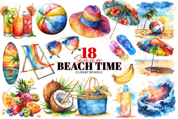 Summer Beach Time Watercolor Clipart