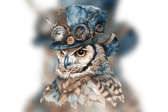 Vintage Steampunk Owl Watercolor PNG for Designers