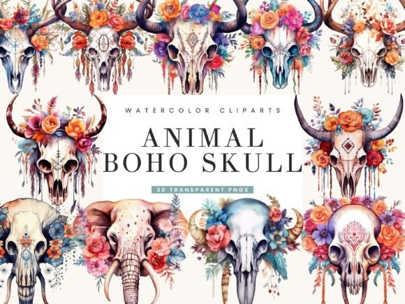 Watercolor Animal Boho Skull Clipart
