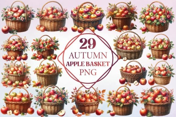 Watercolor Autumn Apple Basket Clipart