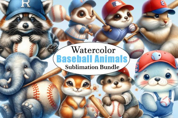 Watercolor Baseball Animals PNG Clipart