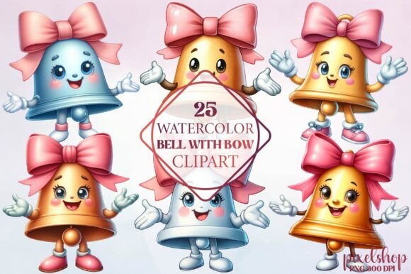 Watercolor Bell with Bow Clipart