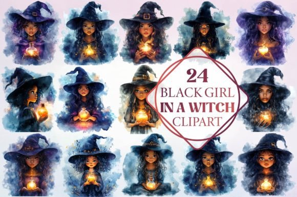 Watercolor Black Girl in a Witch Clipart