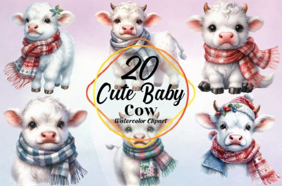 Watercolor Cute Baby Cow Clipart Bundle