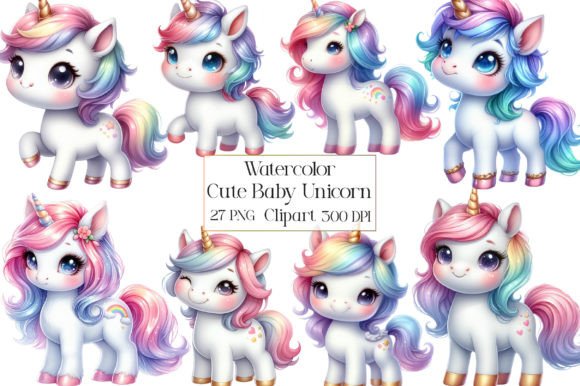 Watercolor Cute Baby Unicorn Clipart for Design Projects