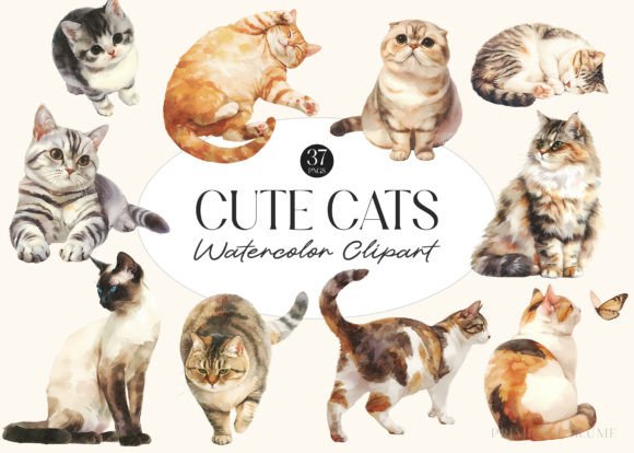 Watercolor Cute Cats PNG Clipart for Modern Design Projects