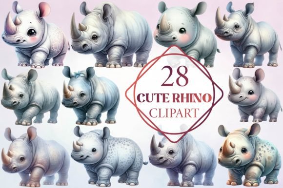 Watercolor Cute Rhino Clipart