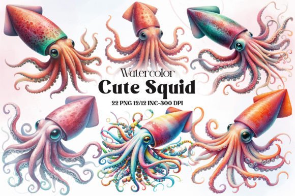 Watercolor Cute Squid: Sea Clipart for Playful Design