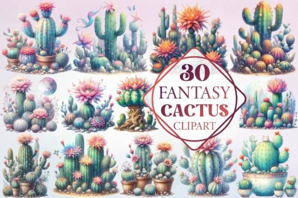 Watercolor Fantasy Cactus Clipart Brings Desert Magic to Any Project