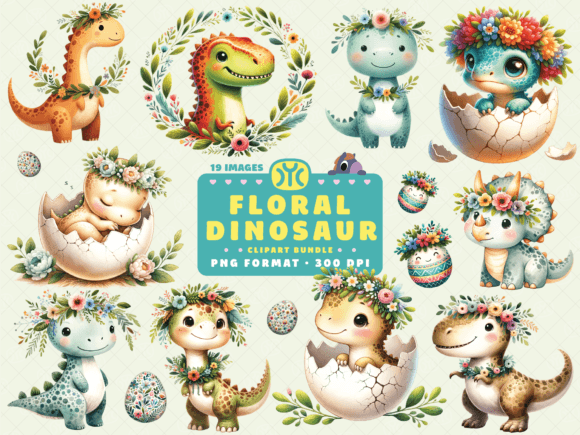 Watercolor Floral Dinosaurs Clipart for Branding and Design