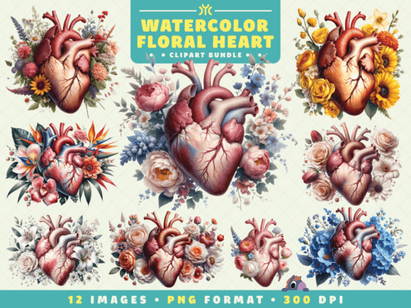 Watercolor Floral Heart Clipart for Branding and Design