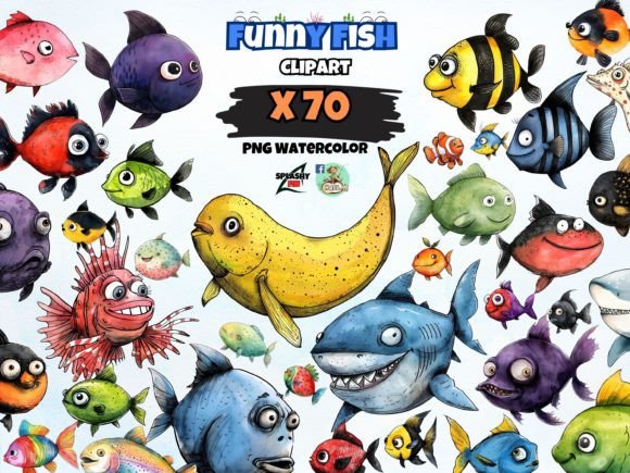 Watercolor Funny Fish Clipart Bundle