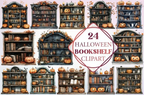 Watercolor Halloween Bookshelf Clipart