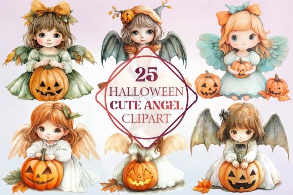 Watercolor Halloween Cute Angel Clipart