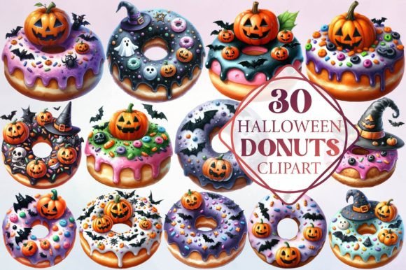 Watercolor Halloween Donuts Clipart for Branding and Design