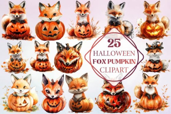 Watercolor Halloween Fox Pumpkin Clipart for Creative Projects
