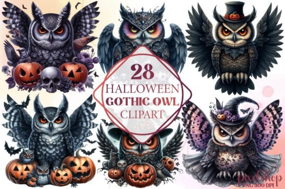 Watercolor Halloween Gothic Owl Clipart for Dark Design Projects