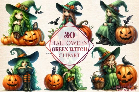 Watercolor Halloween Green Witch Clipart for Designers