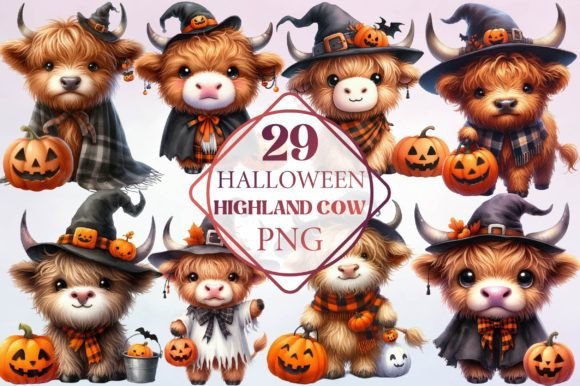 Watercolor Halloween Highland Cow Clipart