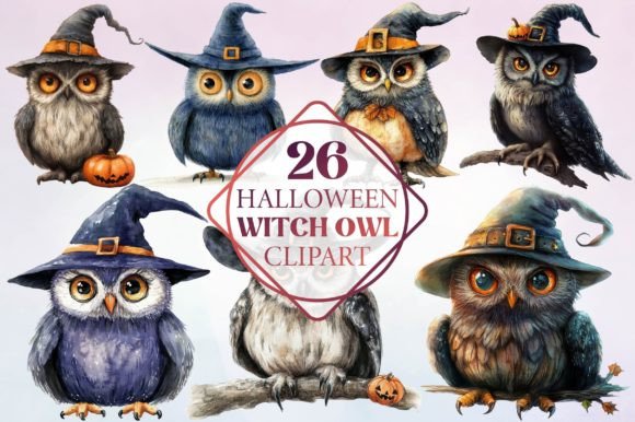 Watercolor Halloween Witch Owl Clipart for Creative Projects