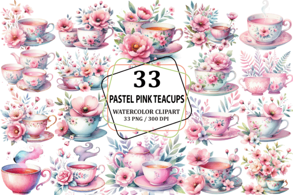 Watercolor Pastel Pink Teacups Clipart for Branding