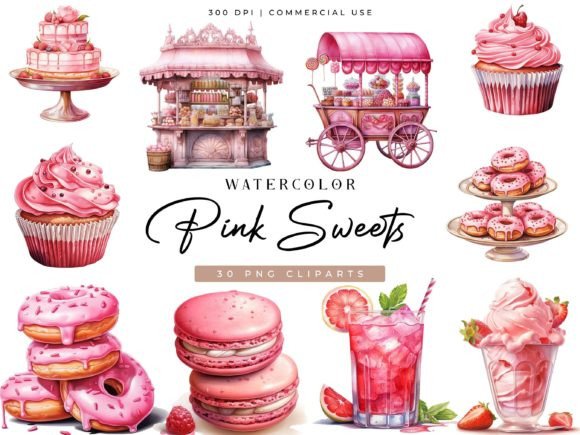 Watercolor Pink Sweets Clipart Bundle