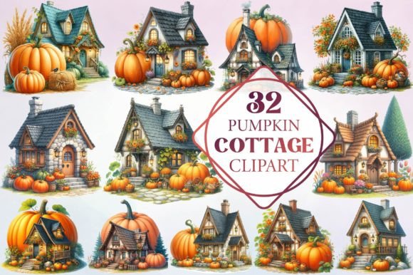 Watercolor Pumpkin Cottage Clipart for Warm Seasonal Branding