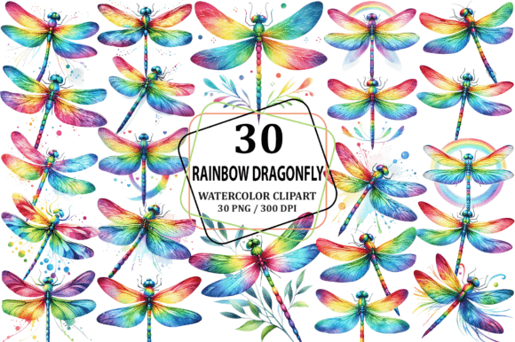 Watercolor Rainbow Dragonfly Clipart