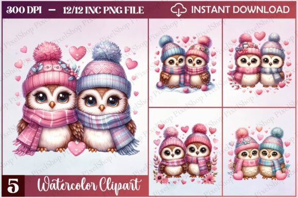 Watercolor Valentine Owls Clipart for Creative Projects