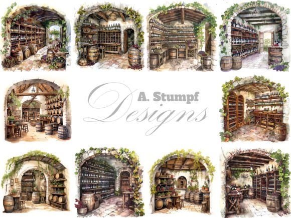 Wine Cellar Clipart Watercolor Bundle