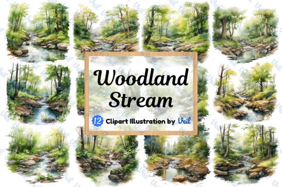 Woodland Stream Clipart Watercolor